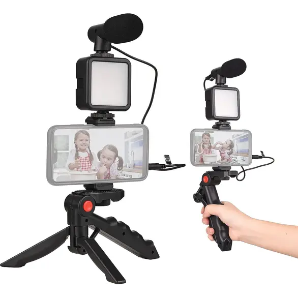 Kit Vlogger professionnel trépied mobile 4 en 1 avec microphone et lumière LED