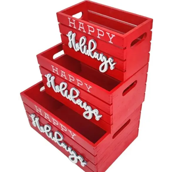 Lot de 3 boîtes de rangement en bois rouge 25-28-30 cm Noël