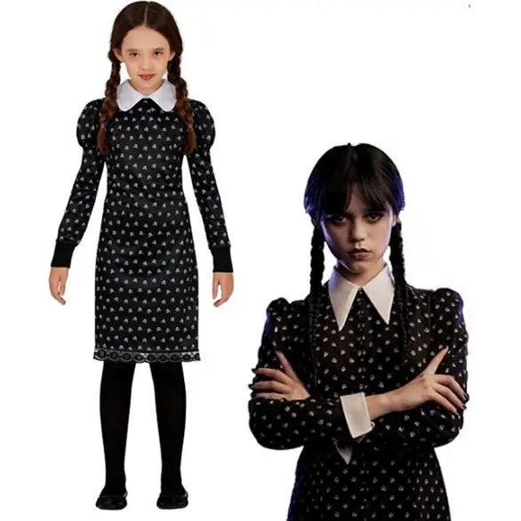 Costume Halloween de Wednesday Addams horreur pour filles de 3 à 16 ans fête...