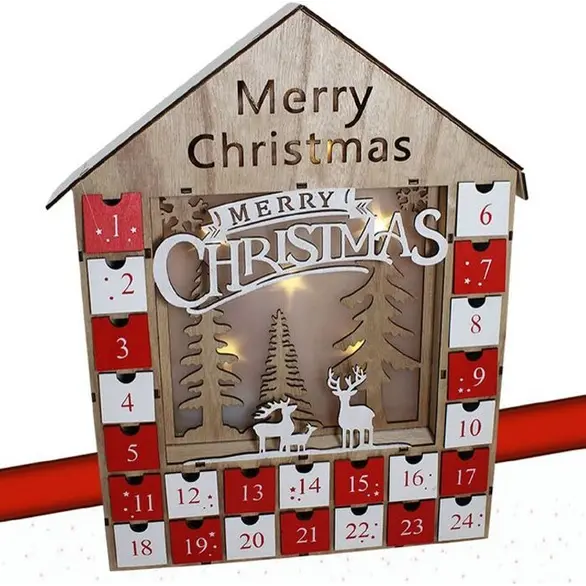 Calendrier de l'Avent de Noël Maison en bois 24 tiroirs Décorations avec LED