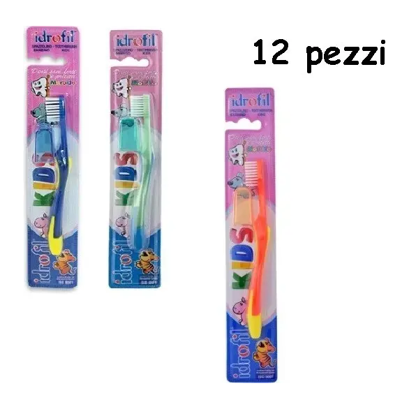 Lot de 12 brosses à dents Idrofil KIDS pour enfants à poils souples colorés