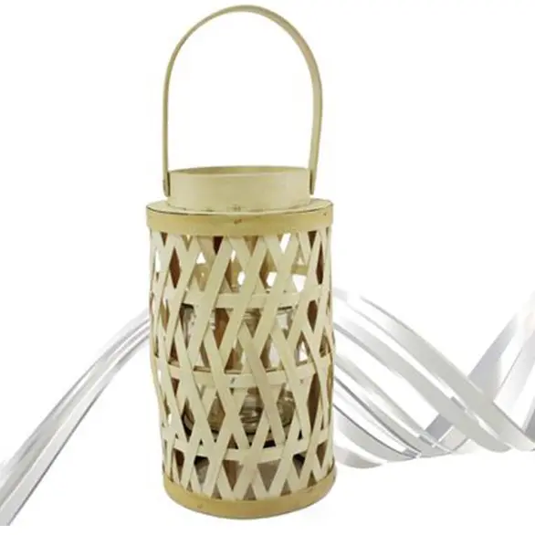 Bougeoir portatif en bois de rotin lampe lanterne 25x14 cm mariage